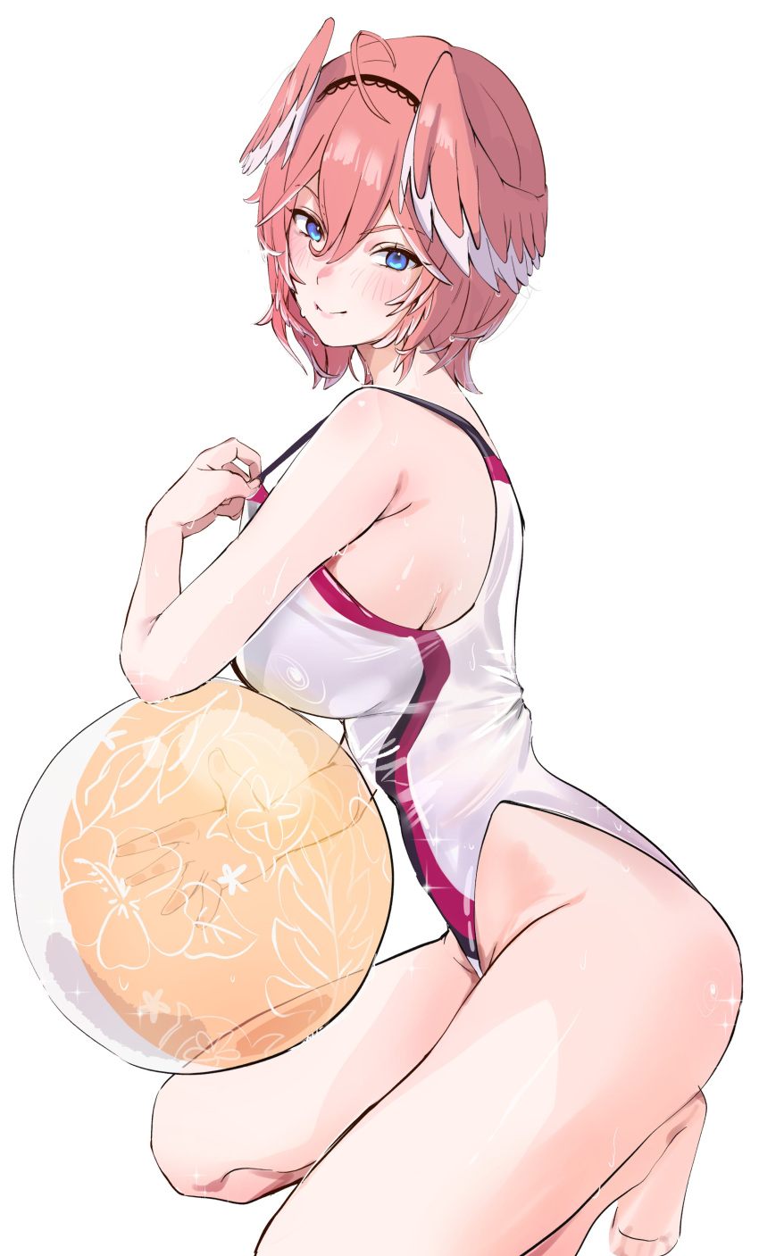 1girl, absurdres, ball, beachball, blue_eyes, blush, breasts, competition_swimsuit