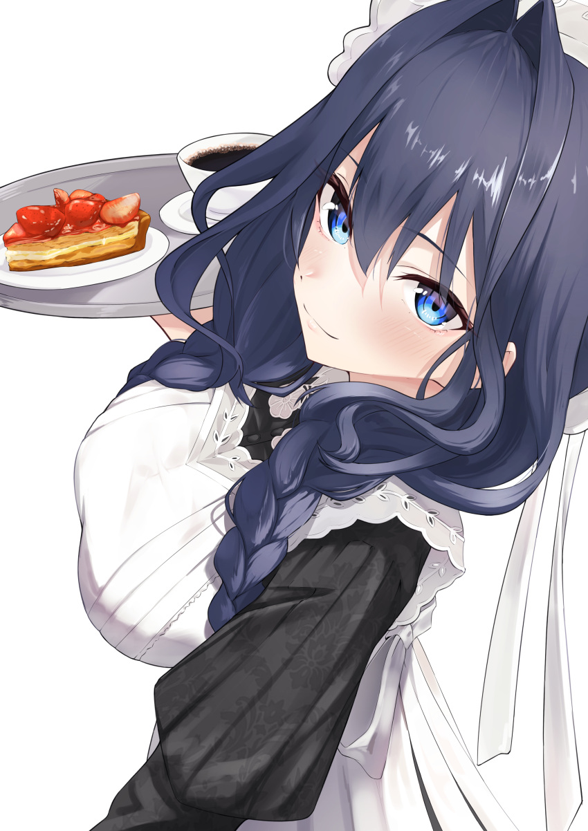 1girl, absurdres, apron, black_dress, black_hair, blue_eyes, braid, closed_mouth