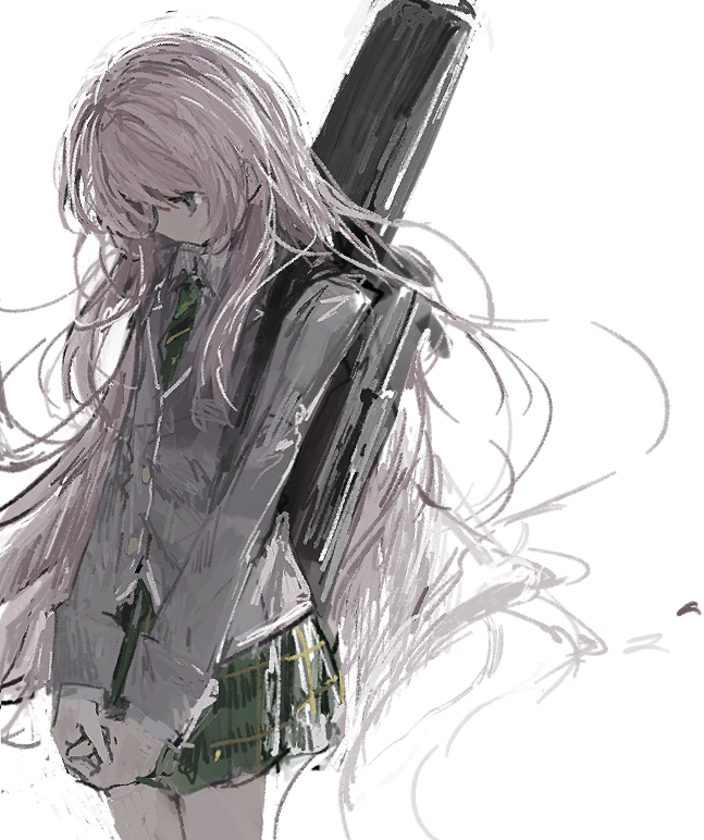 1girl, bang_dream!, bang_dream!_it's_mygo!!!!!, chihaya_anon, commentary, diagonal-striped_clothes, diagonal-striped_necktie, green_necktie, green_skirt, grey_hair, guitar_case, haneoka_school_uniform, hk_0124, instrument_case, instrument_on_back, long_hair, necktie, pink_hair, plaid_clothes, plaid_skirt, school_uniform, simple_background, skirt, solo, striped_clothes, white_background
