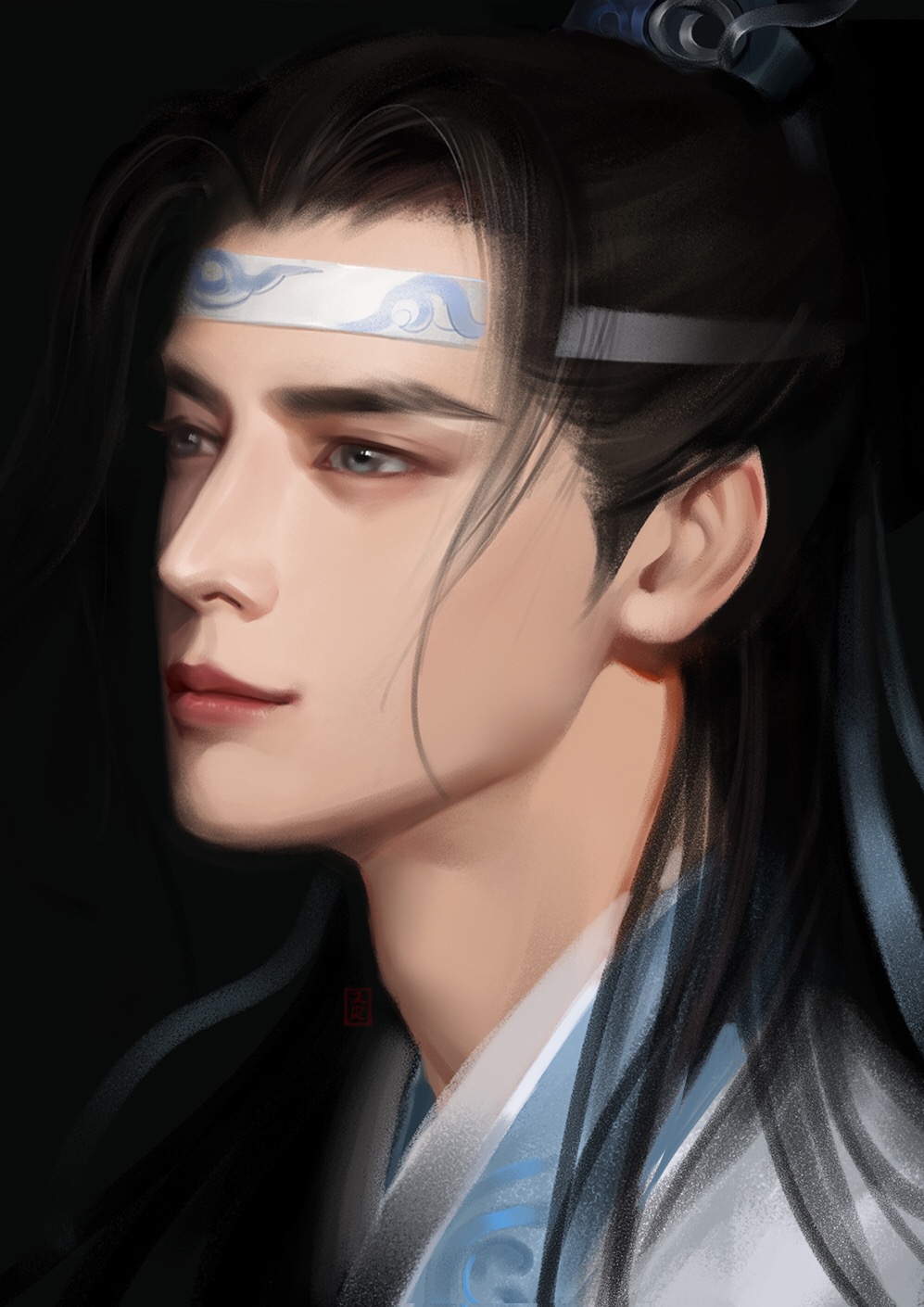 1boy, asian, black_background, black_hair, chinese_clothes, chinese_commentary, closed_mouth, commentary_request