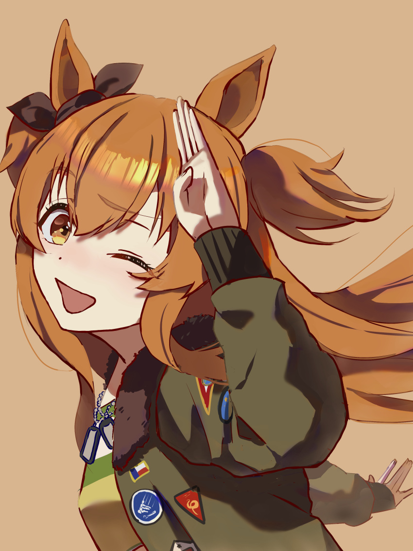 1girl, absurdres, animal_ears, badge, black_bow, bomber_jacket, bow, brown_background