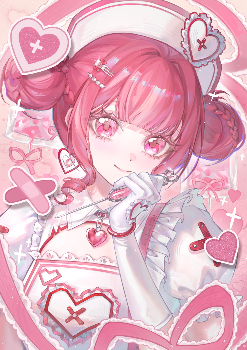 1girl, absurdres, closed_mouth, collared_dress, cross, crossed_bandaids, double_bun, dress