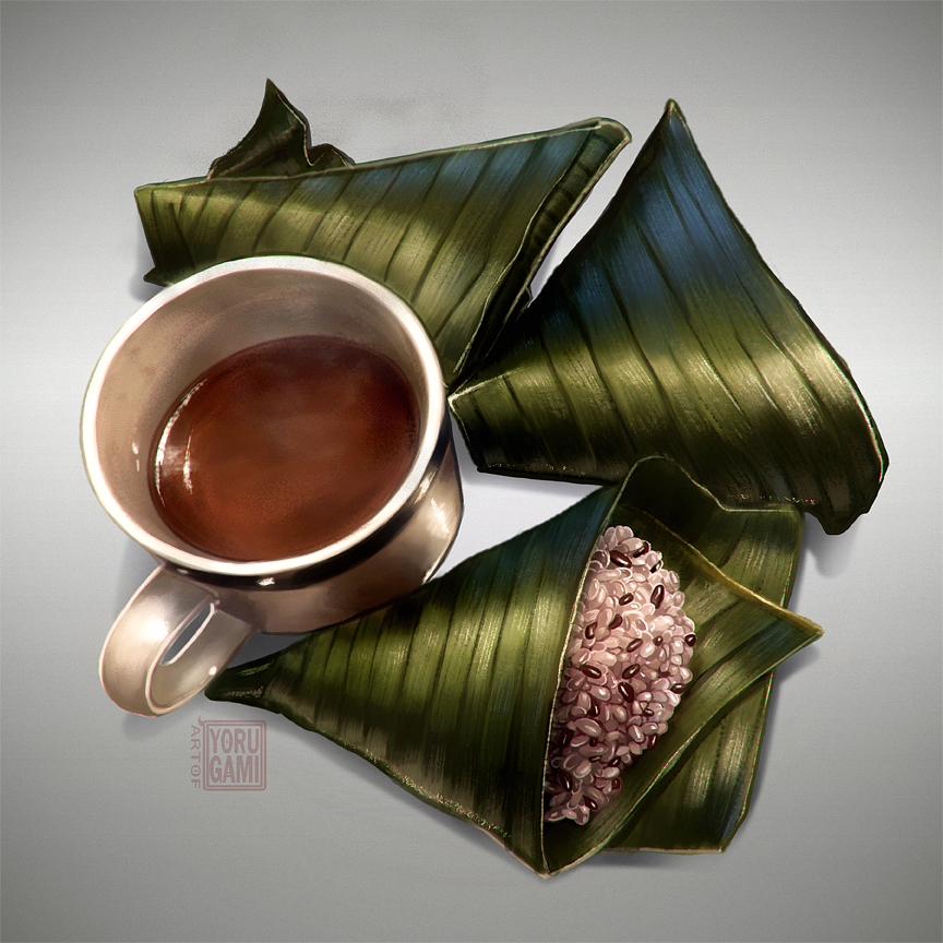 artist_name, artofyorugami, cup, english_commentary, food, food_focus, gradient_background, grey_background