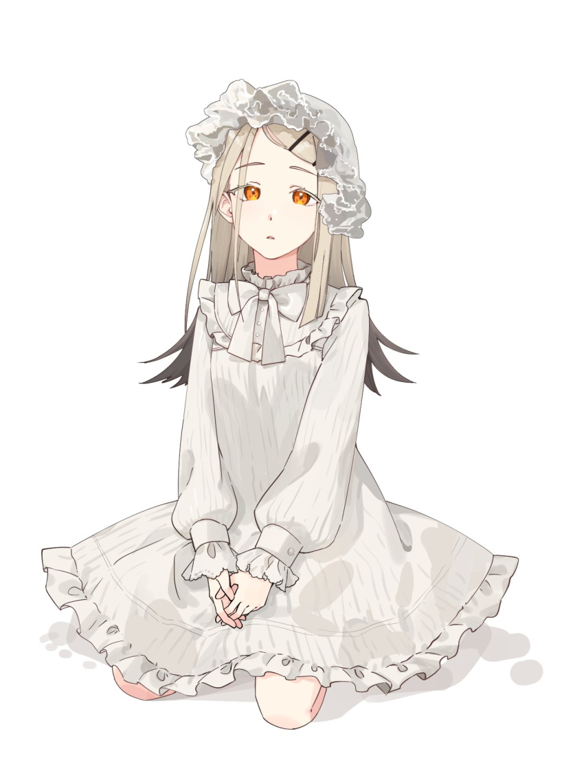 1girl, bare_legs, blonde_hair, bonnet, cross-eyed, dress, frilled_dress, frilled_sleeves, frills, full_body, gakuen_idolmaster, hair_ornament, hairclip, highres, idolmaster, kneeling, lilyac, long_sleeves, neck_ribbon, on_ground, open_mouth, orange_eyes, own_hands_together, ribbon, shinosawa_hiro, simple_background, white_background, white_bonnet, white_dress