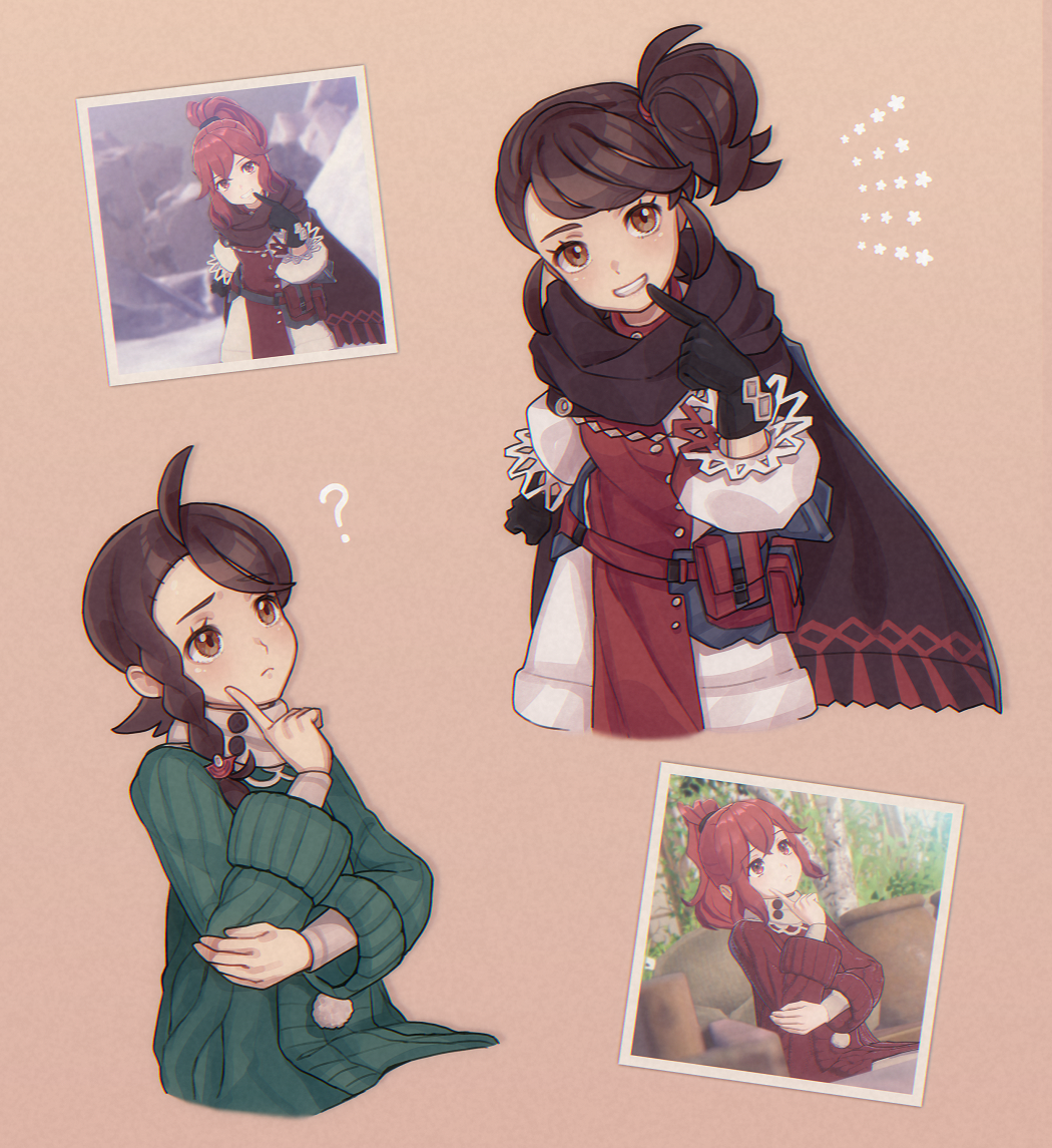 2girls, ?, anna_(fire_emblem), anna_(fire_emblem)_(cosplay), black_cape, black_gloves, brown_background, brown_eyes