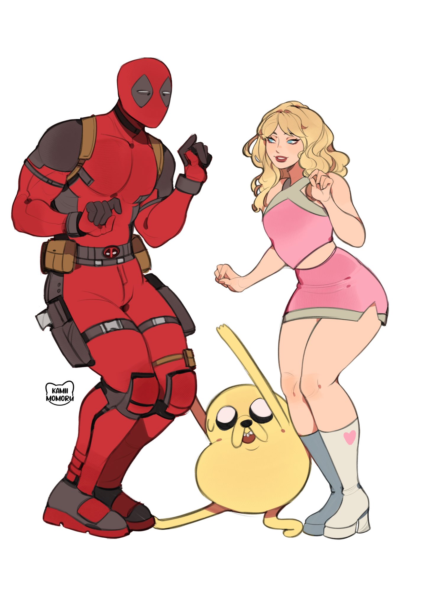 adventure_time, blonde_hair, blue_eyes, bodysuit, boots, crossover, dancing, deadpool, deadpool_(series), dog, fortnite, highres, jake_the_dog, kamii_momoru, marvel, miniskirt, pink_shirt, pink_skirt, red_bodysuit, red_mask, sabrina_carpenter, shirt, skirt, superhero_costume, white_background, white_boots