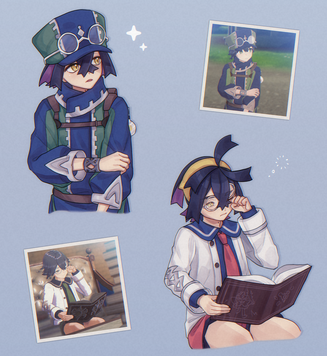 2boys, bespectacled, black_hair, blue_background, book, closed_mouth, colored_inner_hair, commentary_request, cosplay, eyewear_on_headwear, fire_emblem, fire_emblem_engage, game_screenshot_inset, glasses, grey_background, hairband, hat, holding, holding_book, jean_(fire_emblem), jean_(fire_emblem)_(cosplay), kieran_(pokemon), male_focus, multicolored_hair, multiple_boys, necktie, open_book, pokemon, pokemon_sv, purple_hair, reading, red_necktie, sitting, sparkle, squeans, standing, symoca, two-tone_hair, yellow_eyes, yellow_hairband