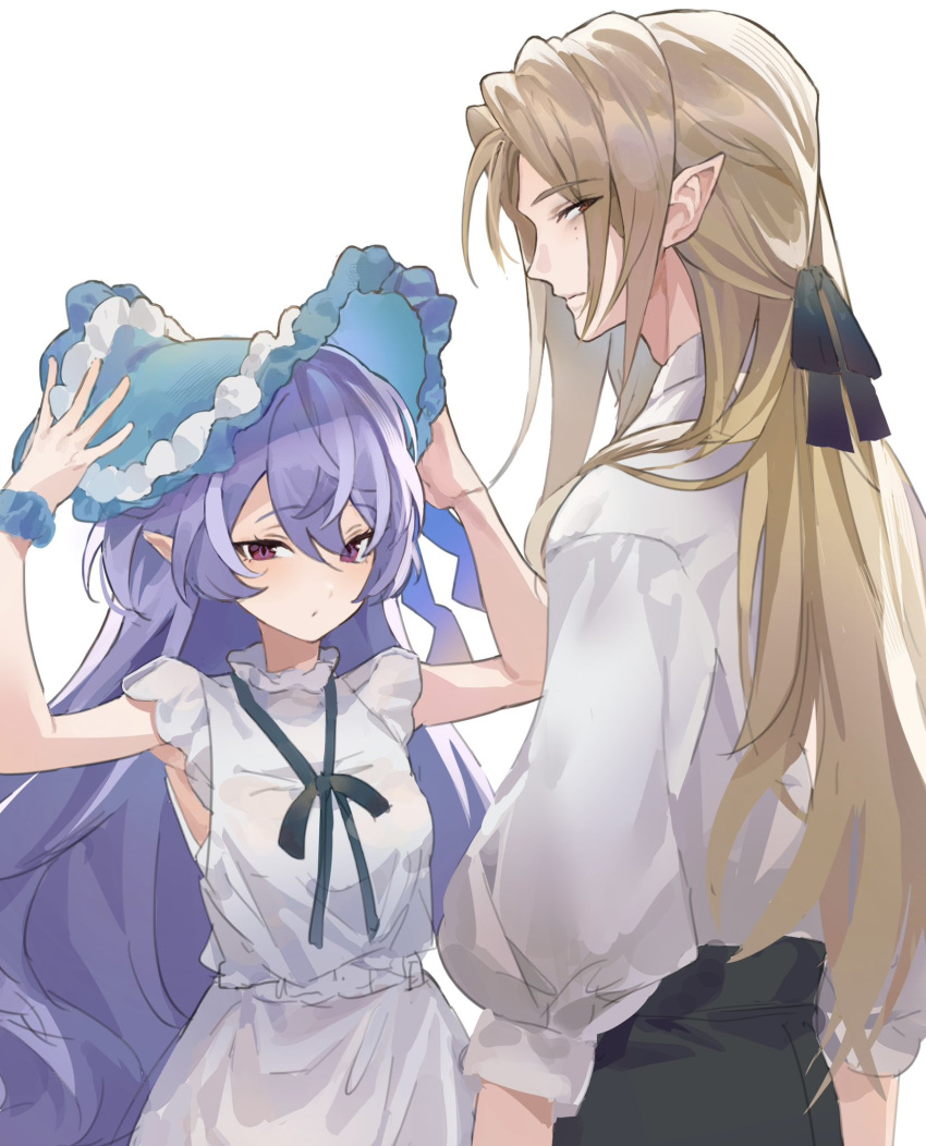 1boy, 1girl, black_pants, black_ribbon, blonde_hair, blue_bonnet, bonnet, closed_mouth