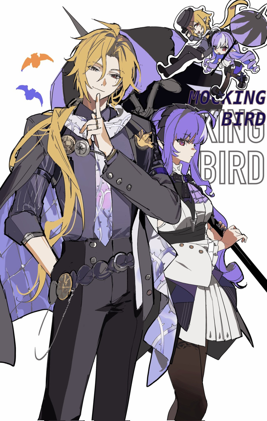 1boy, 1girl, arm_out_of_sleeve, bat_(animal), black_jacket, black_pants, black_pantyhose, blonde_hair, chibi, closed_mouth, collared_shirt, commentary_request, finger_to_mouth, heterochromia, highres, holding, holding_umbrella, hugo_vlad, index_finger_raised, jacket, jewelry, liarrrrr2, long_hair, long_sleeves, mole, mole_under_eye, multiple_rings, multiple_views, necktie, pants, pantyhose, parasol, pointy_ears, ponytail, purple_hair, red_eyes, ring, shirt, simple_background, umbrella, vivian_(zenless_zone_zero), white_background, zenless_zone_zero
