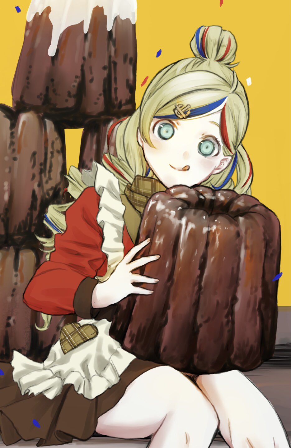 1girl, :q, anchor_hair_ornament, apron, blonde_hair, blue_hair, blush, brown_skirt