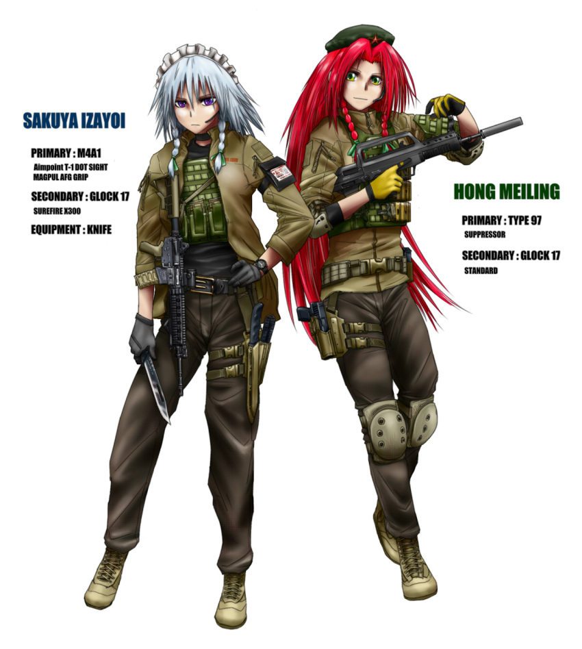 ammunition, assault_rifle, belt, boots, braid, bulletproof_vest, bullpup, didloaded, gloves, gun, handgun, hat, headset, highres, holster, hong_meiling, izayoi_sakuya, knee_pads, knife, load_bearing_vest, long_hair, m4_carbine, m4a1, maid_headdress, multiple_girls, operator, pistol, qbz-97, rifle, sheath, short_hair, suppressor, tactical_clothes, tactical_clothing, the_embodiment_of_scarlet_devil, thigh_holster, throwing_knife, touhou, trigger_discipline, twin_braids, vest, weapon