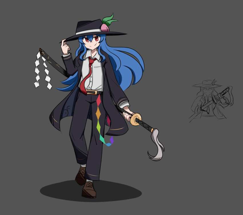 1girl, alternate_costume, avian_zebra, black_background, black_hat, black_jacket, black_pants, black_shoes