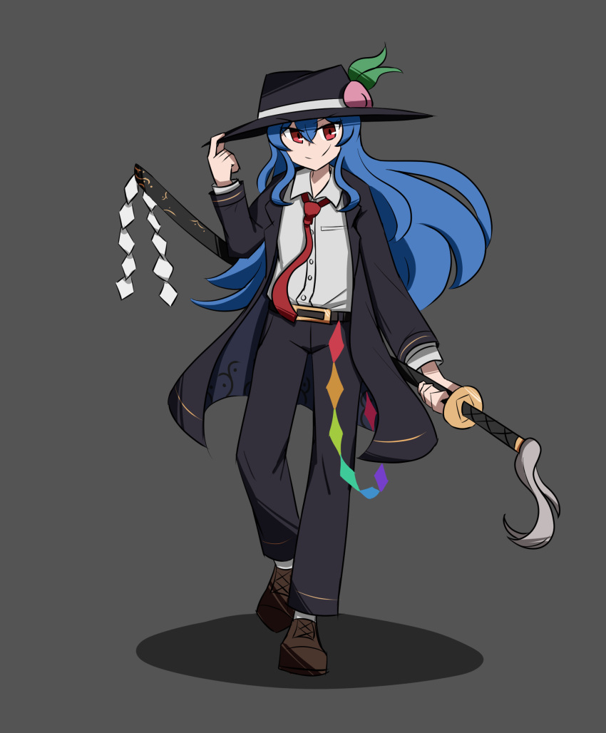 1girl, alternate_costume, avian_zebra, black_background, black_hat, black_jacket, black_pants, black_shoes