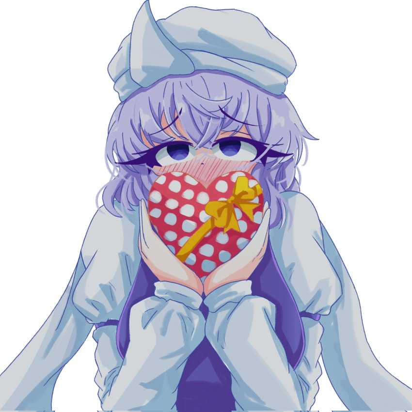 1girl, blue_eyes, blush, box, commentary_request, hat, heart-shaped_box, highres