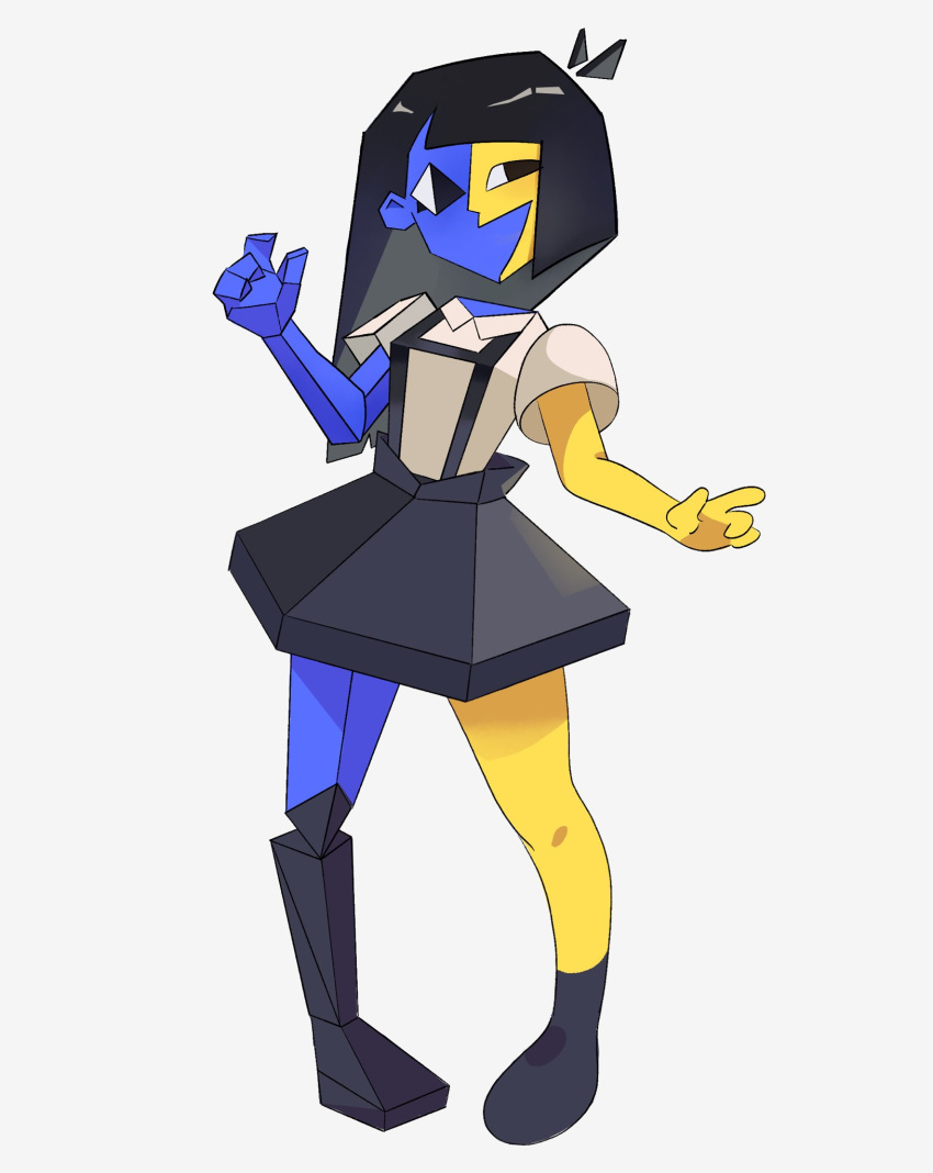 black_hair, blue_skin, colored_skin, ena_(joel_g), ena_(series), floating_head, geometry, highres, june_buns, math, multicolored_skin, two-tone_skin, vertical-striped_bodysuit, white_background, yellow_skin