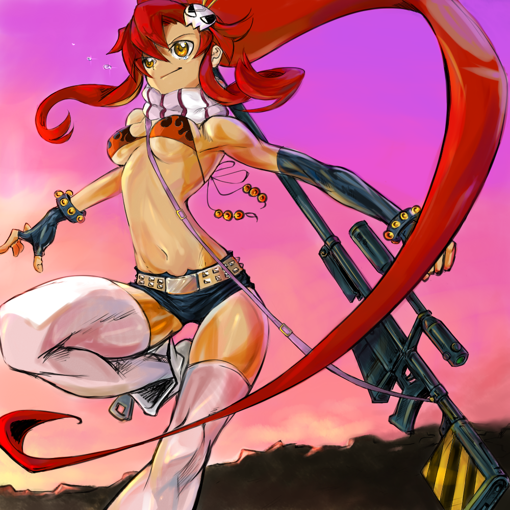 anti-materiel_rifle, beardorado, belt, bikini_top, breasts, fingerless_gloves, gloves, gun