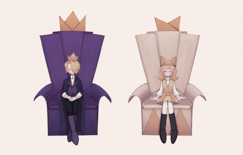 1boy, 1girl, ^_^, belt, belt_buckle, black_boots, black_pants, blonde_hair, boots, brother_and_sister, buckle, cape, closed_eyes, collared_shirt, collared_vest, crossed_ankles, crown, dress, gold_crown, hair_over_one_eye, hand_on_hand, hands_on_lap, happy, hat, high_collar, highres, king_olly, knee_boots, light_blush, long_hair, long_sleeves, no_mouth, olivia_(paper_mario), own_hands_together, pants, paper_mario, paper_mario:_the_origami_king, personification, pinafore_dress, pleated_dress, purple_boots, purple_cape, purple_vest, shirt, short_dress, short_hair, siblings, simple_background, sitting, sitting_on_throne, sleeveless, sleeveless_dress, super_mario_bros., throne, uchuuko, v-neck, vest, white_background, white_shirt, yellow_belt, yellow_dress, yellow_hat