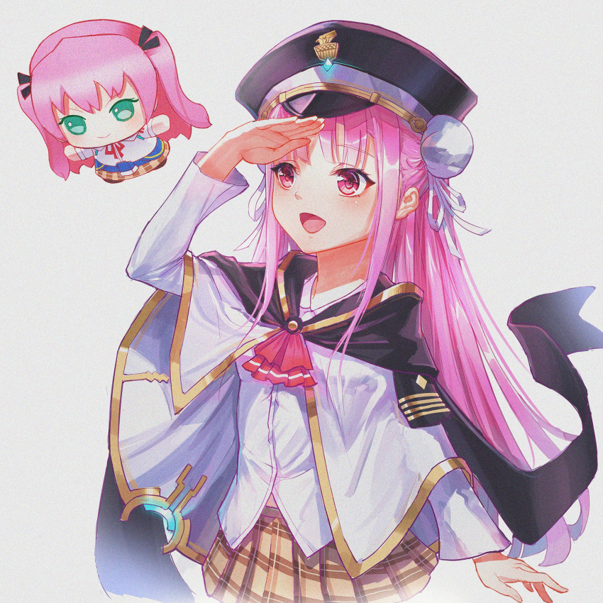 1girl, aikawa_megumi, character_doll, double_bun, hair_bun, hat, heaven_burns_red, highres, kunimi_tama, long_hair, long_sleeves, military_hat, pink_eyes, pink_hair, plaid_clothes, plaid_skirt, sail_678, shirt, skirt, two_side_up, white_shirt