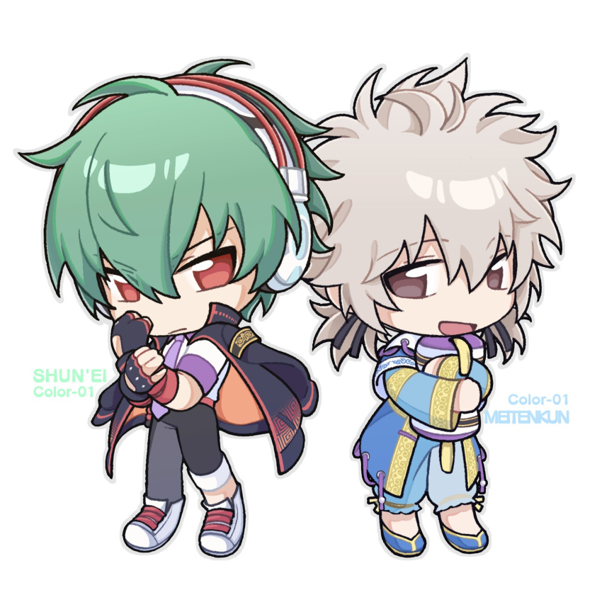 2boys, :d, black_gloves, black_jacket, blue_pants, blue_shoes, brown_eyes, character_name, chibi, chibi_only, fingerless_gloves, frown, full_body, gloves, green_hair, grey_hair, hair_between_eyes, headphones, highres, holding, holding_pillow, jacket, jacket_on_shoulders, looking_at_another, male_focus, meitenkun, multiple_boys, necktie, pants, pants_rolled_up, pillow, purple_necktie, red_eyes, shirt, shmz_shiomizu, shoes, short_hair, short_twintails, shun'ei, simple_background, smile, the_king_of_fighters, the_king_of_fighters_xiv, twintails, white_background, white_shirt, white_shoes