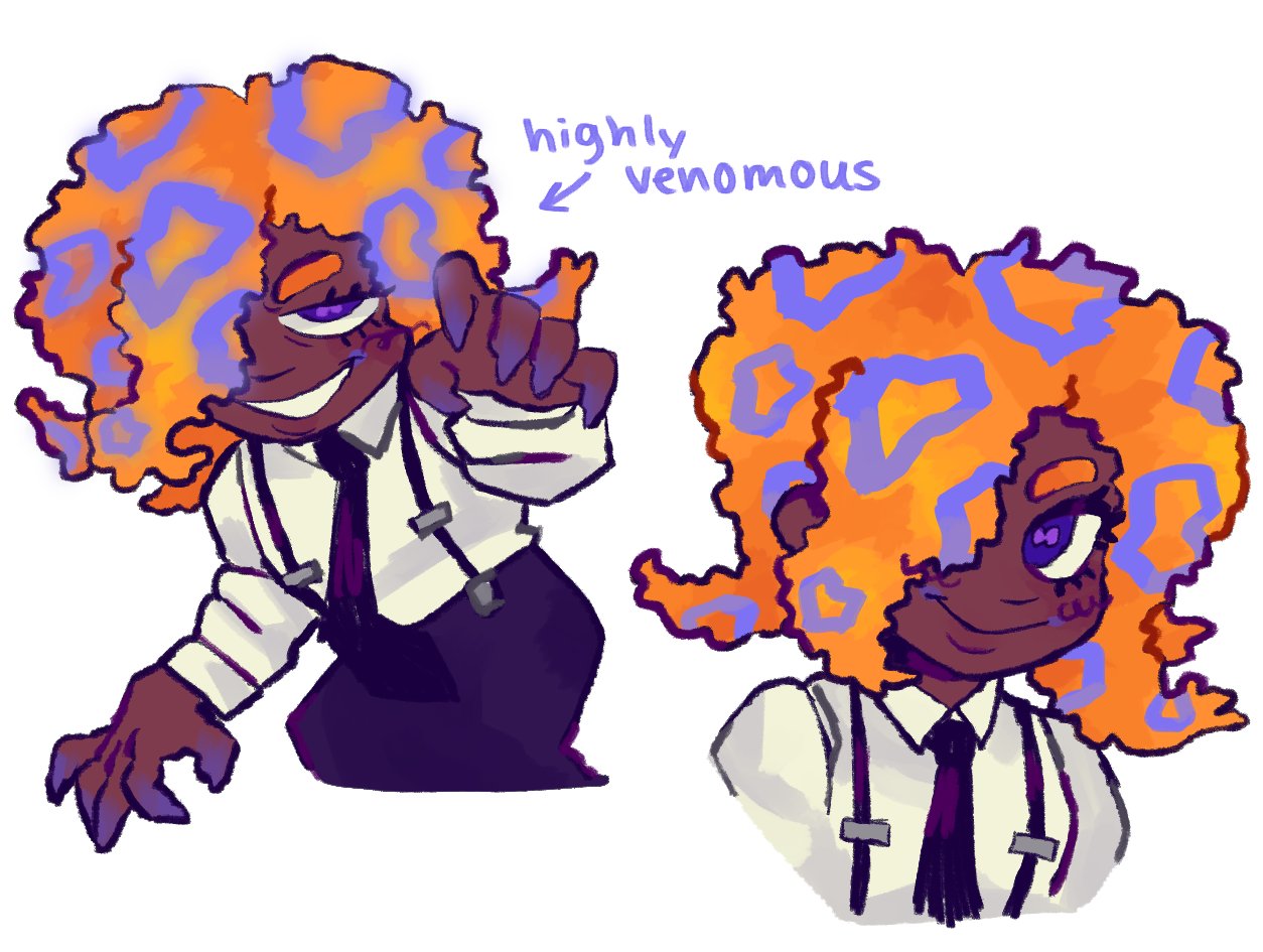1girl, black_necktie, black_pants, black_suspenders, collared_shirt, english_text, hair_over_one_eye, long_sleeves, looking_at_viewer, multiple_views, natibranch, necktie, orange_hair, pants, patterned_hair, shirt, simple_background, smile, splatoon_(series), splatoon_3, tao_blu_(splatoon), tentacle_hair, violet_eyes, white_background, white_shirt