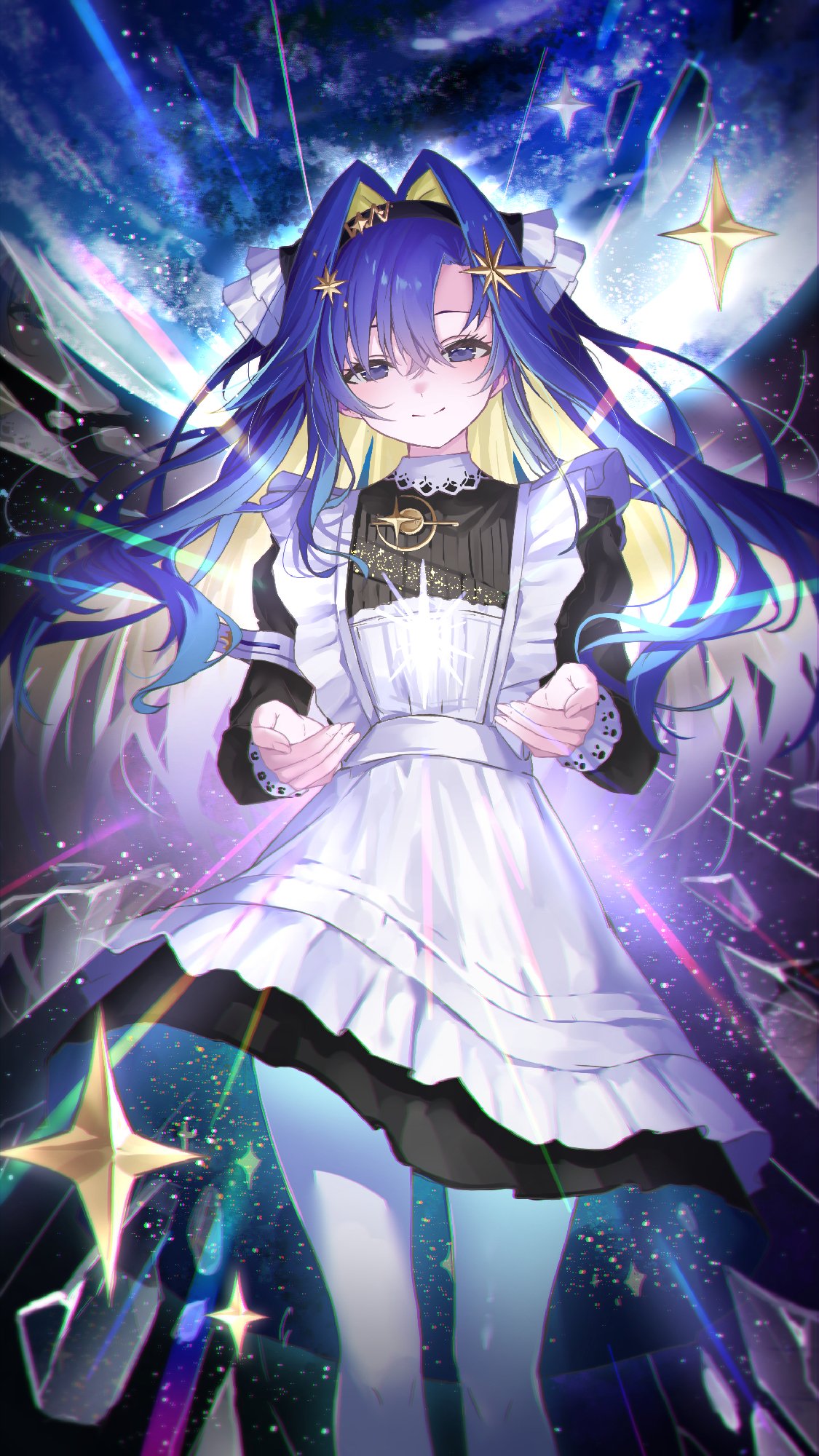 1girl, apron, asymmetrical_bangs, black_dress, black_hairband, blonde_hair, blue_eyes, blue_hair
