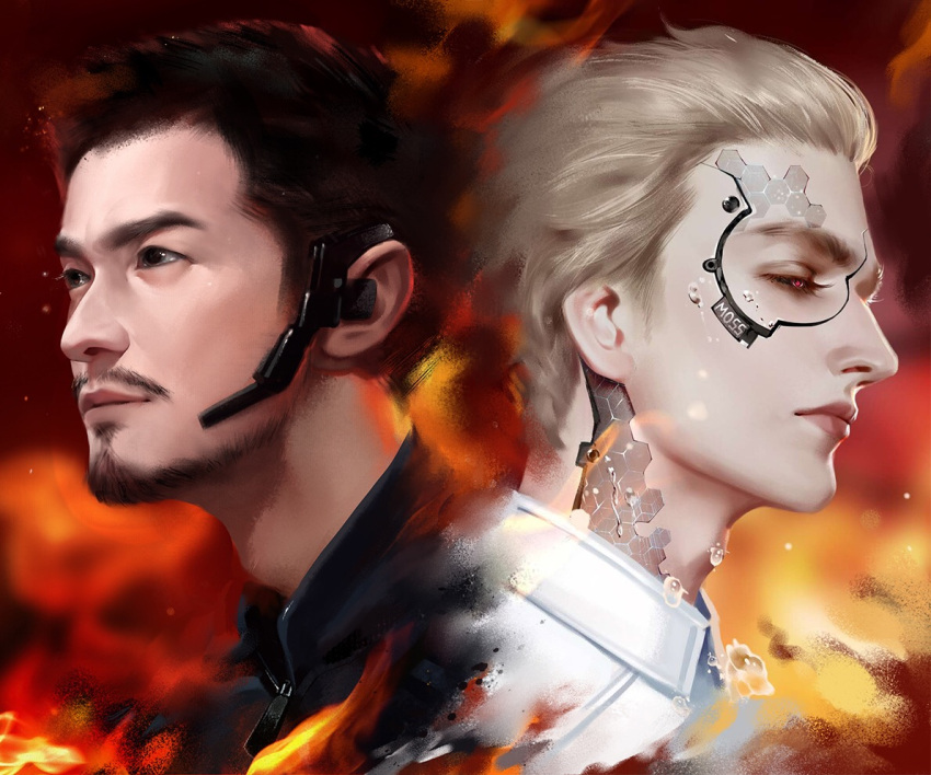 2boys, asian, back-to-back, beard, black_eyes, black_hair, black_sclera, black_shirt