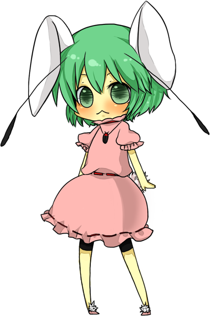 :<, animal_ears, antennae, bad_id, bug, bunny_ears, bunny_tail, child, dress, green_hair, if_they_mated, inaba_tewi, short_hair, solo, tail, taiyouno_hatake, touhou, wriggle_nightbug