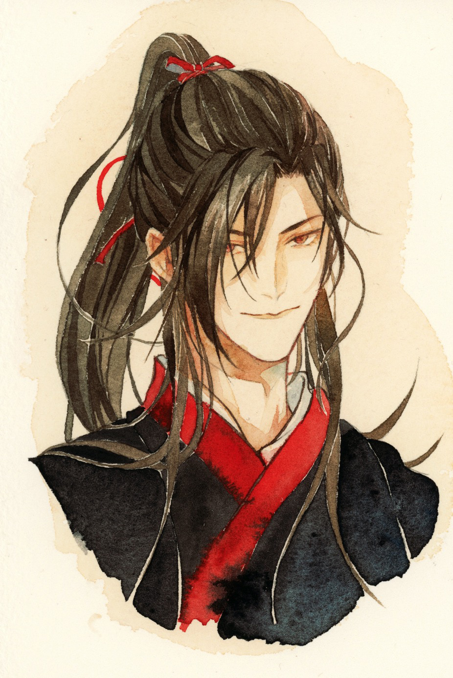 1boy, bishounen, black_hair, black_hanfu, chinese_clothes, hair_ribbon, hanfu, highres