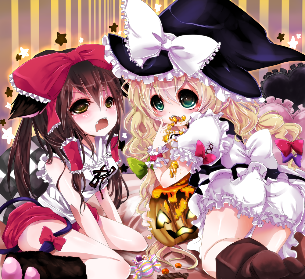 animal_ears, animal_paws, bad_id, blonde_hair, bloomers, bow, brown_eyes, brown_hair