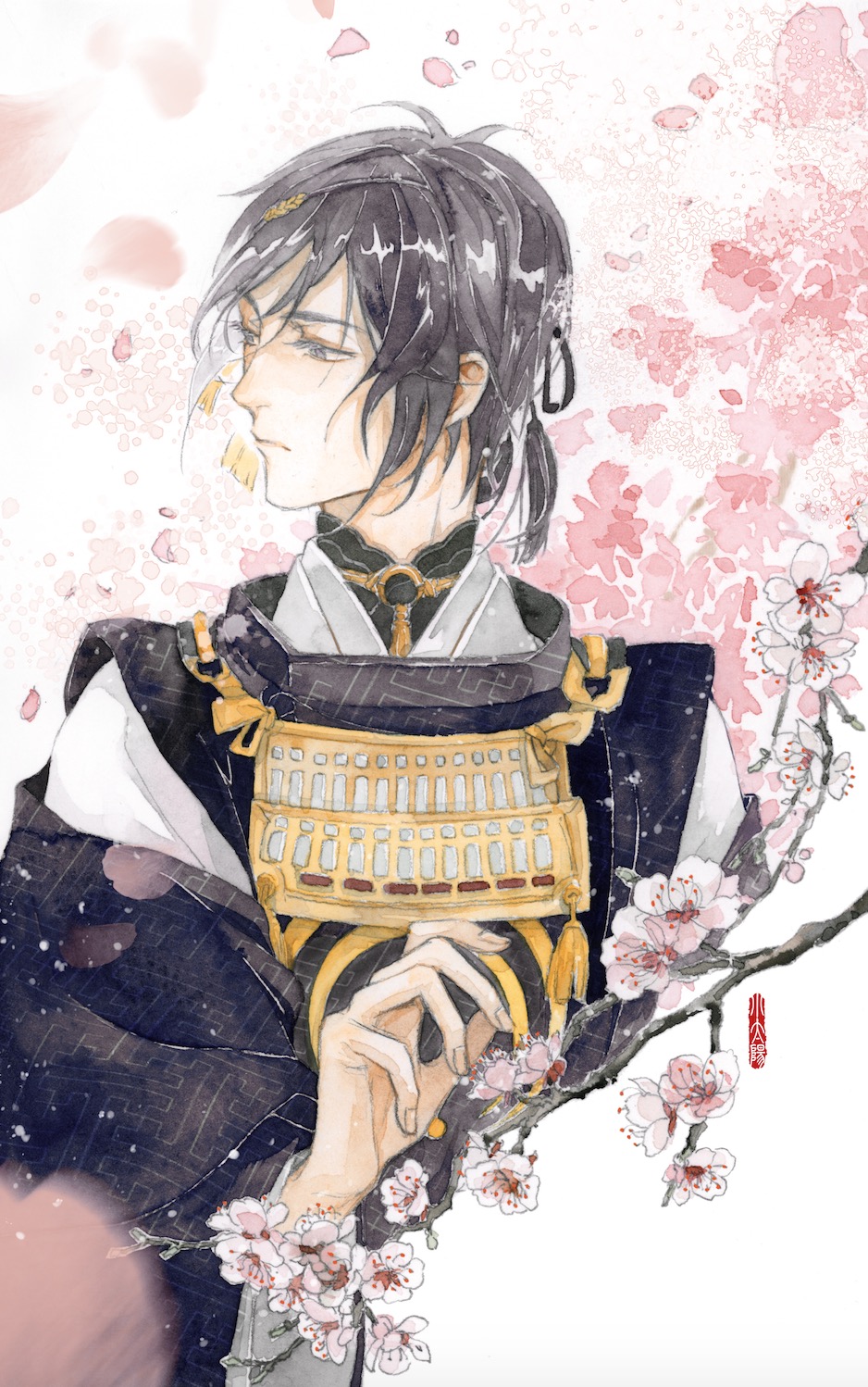 1boy, armor, black_hair, blue_eyes, branch, cherry_blossoms, falling_petals, flower