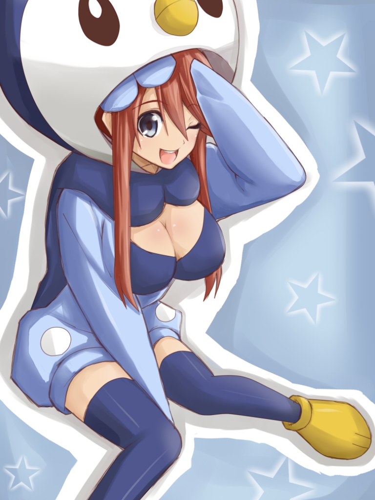blue_legwear, blue_thighhighs, borupikka, breasts, cleavage, cosplay, costume, fuuro_(pokemon)