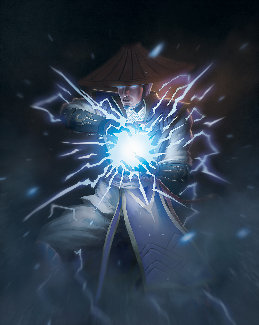 1boy, dark_background, deviantart, electricity, getterstudio, glowing_eyes, god, lightning, male, male_focus, mortal_kombat, mortal_kombat_x, motion_blur, raiden_(mortal_kombat), rice_hat, solo, solo_focus, thunder