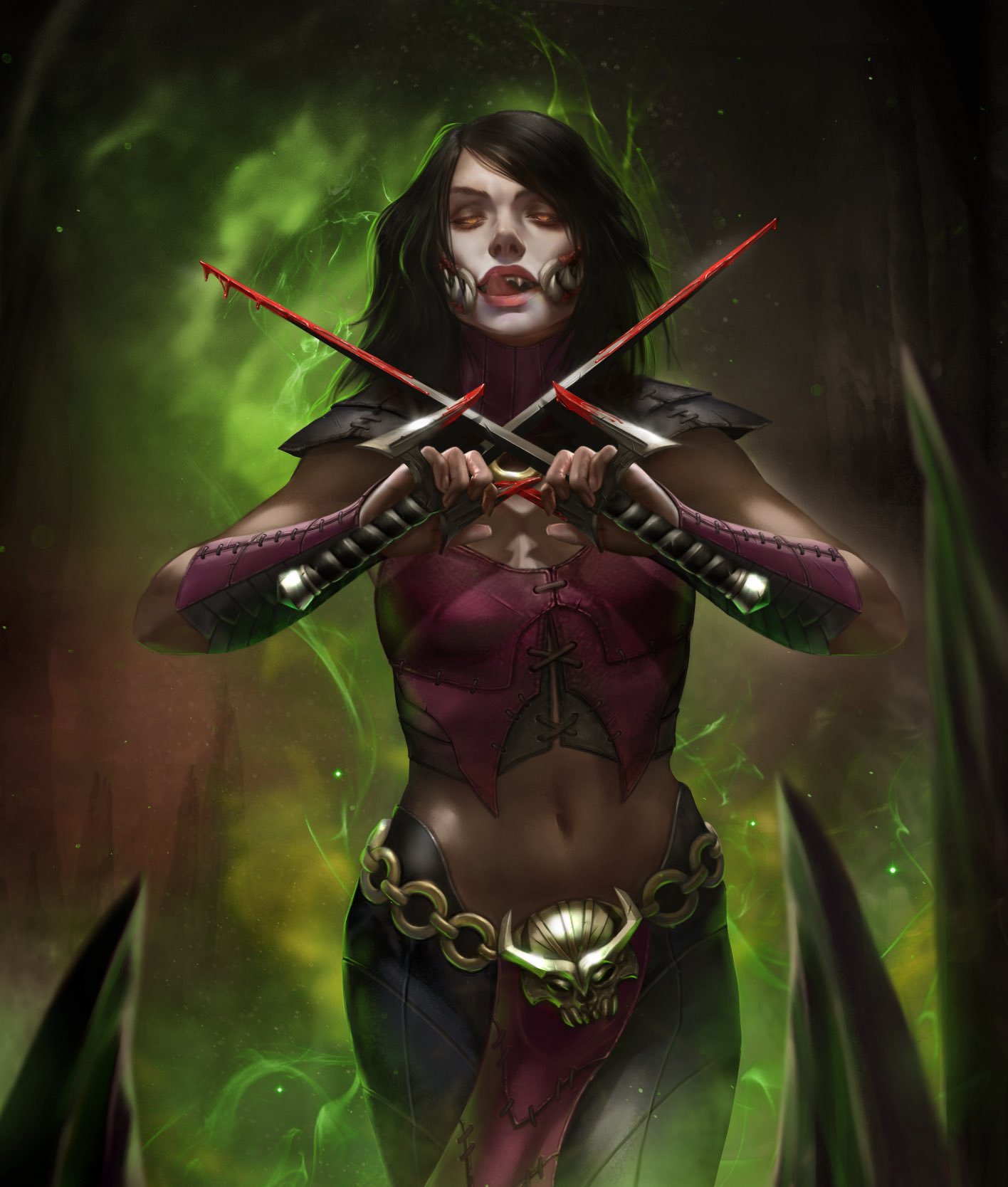 1girl, armband, artstation, belt, black_hair, blood, female, female_focus