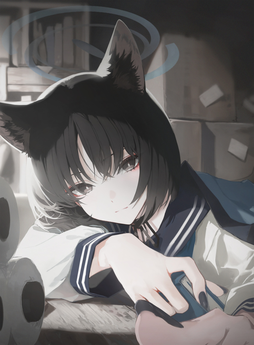 1girl, absurdres, animal_ear_fluff, animal_ears, black_eyes, black_hair, black_nails, black_ribbon, black_sailor_collar, blue_archive, blue_halo, blue_neckerchief, book, bookshelf, box, cardboard_box, cat_ears, cat_girl, closed_mouth, commentary_request, crossed_bangs, fingernails, guan_byeol, halo, highres, kikyou_(blue_archive), korean_commentary, long_sleeves, looking_at_viewer, nail_polish, neck_ribbon, neckerchief, ribbon, sailor_collar, school_uniform, scroll, serafuku, short_hair, solo, too_many, too_many_books