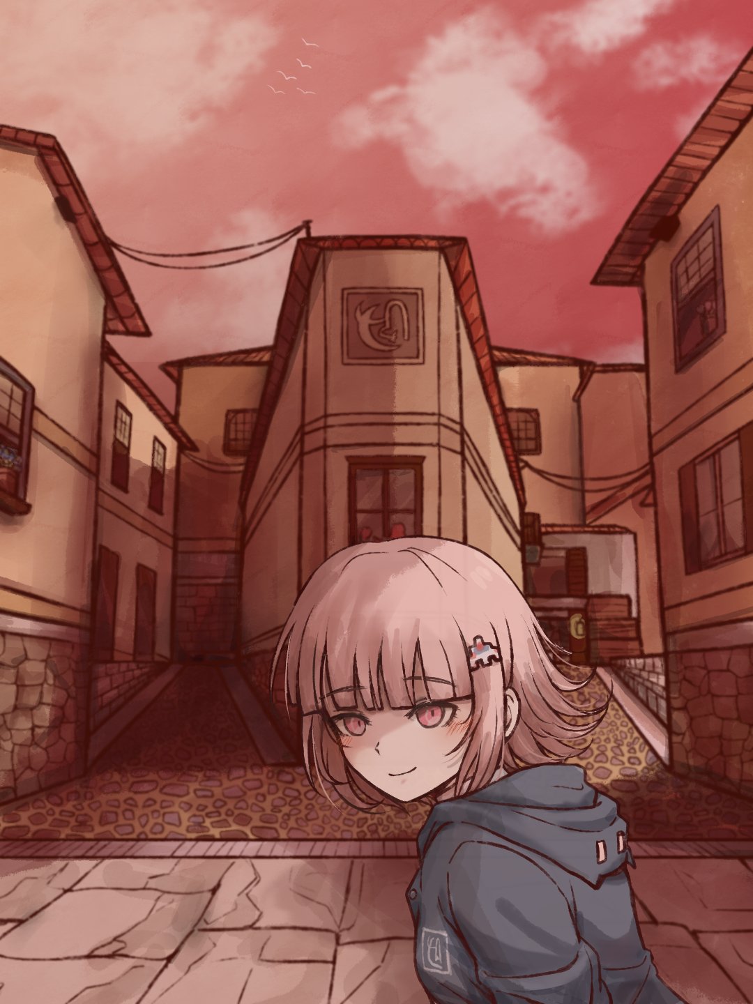 1girl, black_jacket, blunt_bangs, brown_hair, counter-strike, counter-strike_(series), danganronpa_(series), danganronpa_2:_goodbye_despair