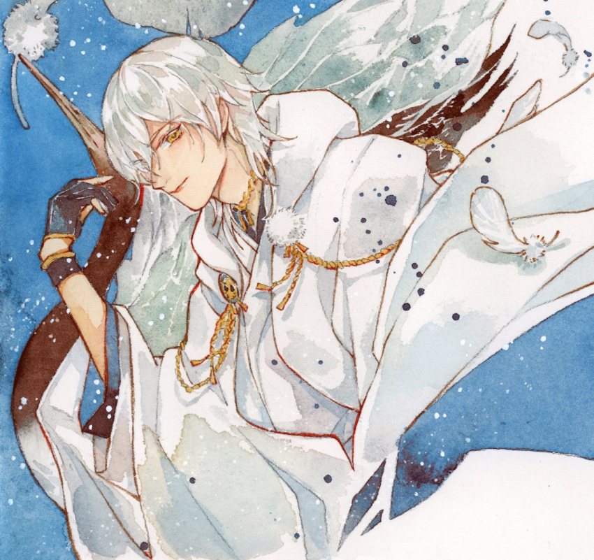 1boy, bird, black_gloves, blue_background, cape, crane_(animal), feathers, gloves