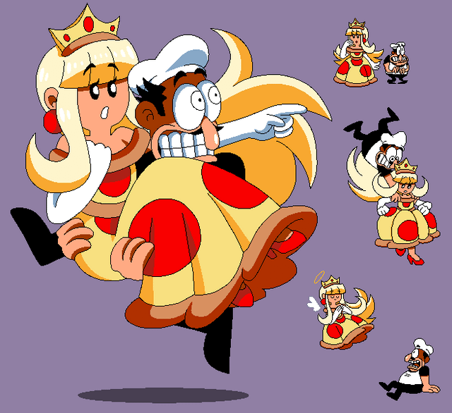 1boy, 1girl, angel_wings, blonde_hair, couple, facial_hair, flat_chest, halo, long_hair, mature_male, mustache, original, peppino_spaghetti, pizza_prinecess_(tinytoxicwaste101), pizza_tower, princess, tinytoxicwaste101, toon_(style), wings