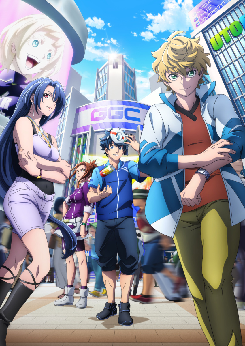 2boys, 3girls, amane_towa, black_pants, black_shoes, blonde_hair, blue_eyes, blue_hair