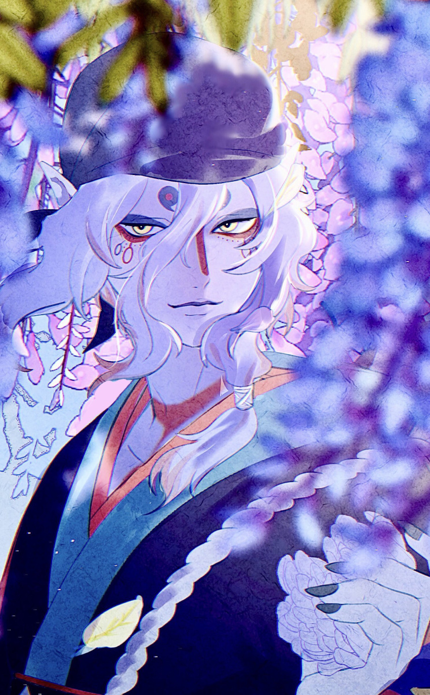 1boy, absurdres, bandana, black_bandana, black_kimono, black_nails, flower, gekijouban_mononoke