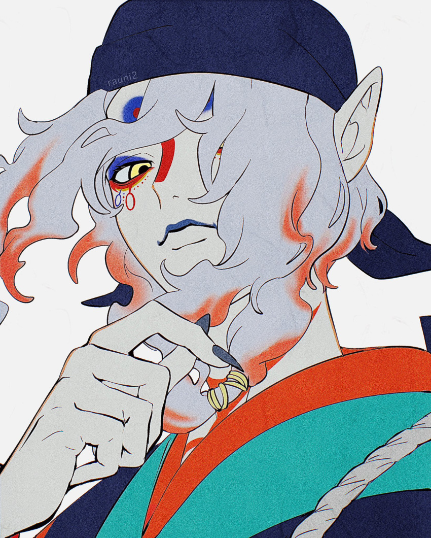 1boy, bandana, black_nails, blue_bandana, closed_mouth, expressionless, fingernails, gekijouban_mononoke