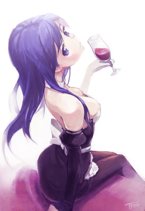 blue_eyes, blue_hair, breasts, cleavage, collar, dream_c_club, elbow_gloves, from_above, gloves, kawa_akira, long_hair, looking_back, pantyhose, reika_(dream_c_club), sitting, solo, wind, wine