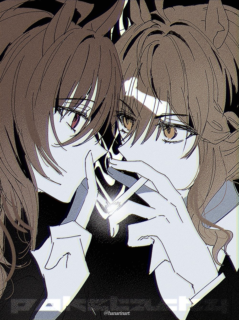2girls, agnes_tachyon_(umamusume), ahoge, animal_ears, black_background, braid, brown_hair, cigarette_kiss