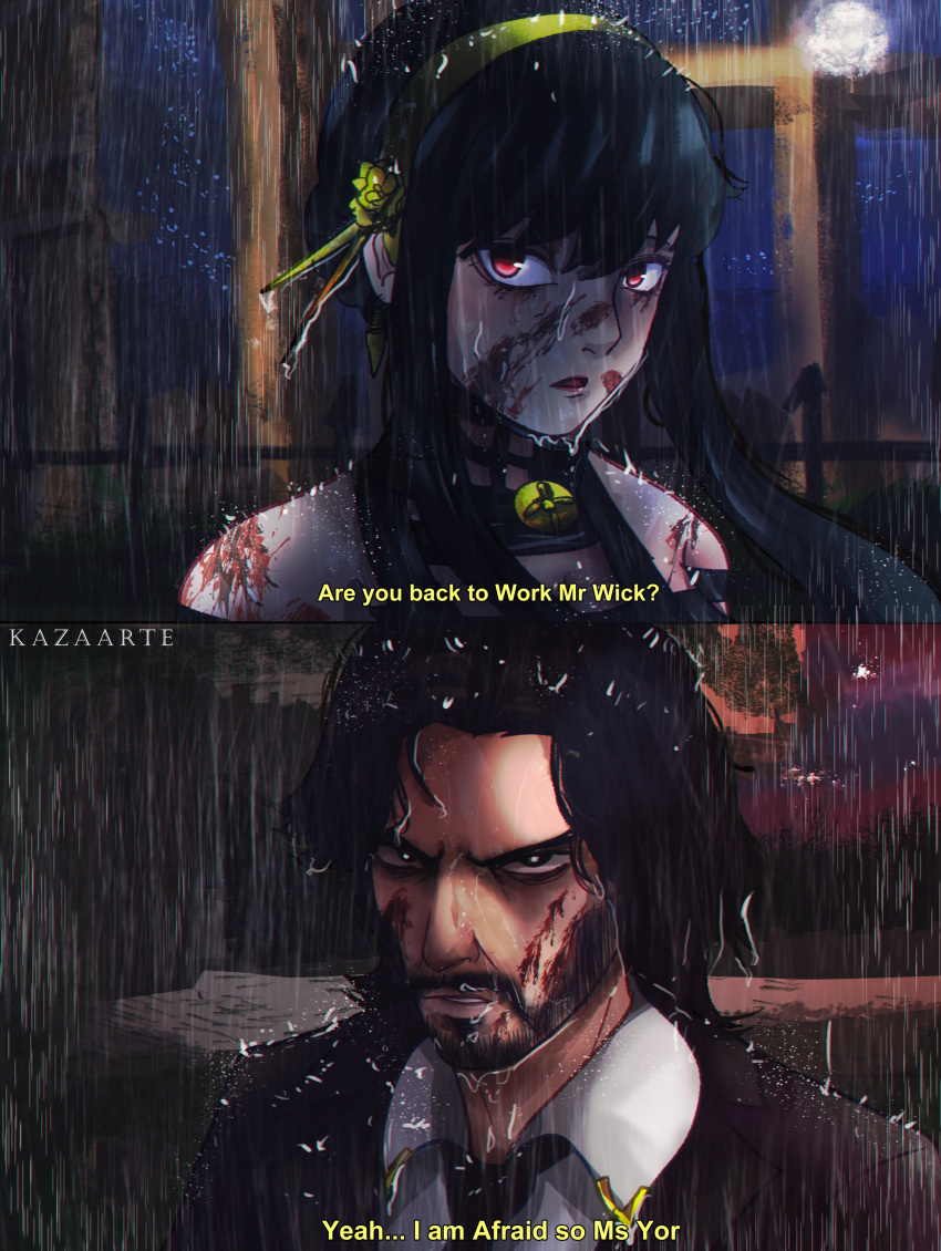 1boy, 1girl, blood, facial_hair, john_wick, john_wick_(character), long_hair, rain