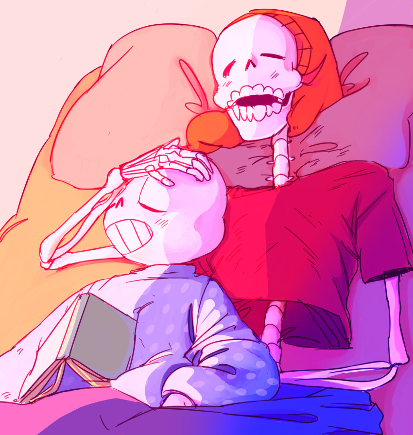 2016, 2boys, 2d, alternate_costume, animalice, artist_collaboration, blanket, blue_pajamas, book, brothers, commentary, crop_top, digital_media, duo, english_commentary, hand_on_another's_head, highres, humanoid, lying, male, male_focus, male_only, monster, monster_boy, multiple_boys, nightcap, on_back, pajamas, papyrus_(undertale), pillow, polka_dot, polka_dot_pajamas, pukao, red_shirt, sans_(undertale), shirt, siblings, skeleton, sleeping, teeth, undead, undertale, utdr_(toby_fox)