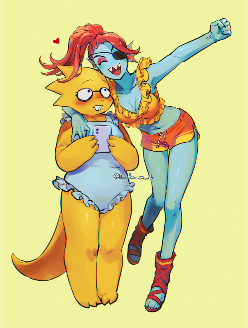 2022, 2d, 2girls, absurdres, aida_mei, alphys, anthro, arm_around_neck