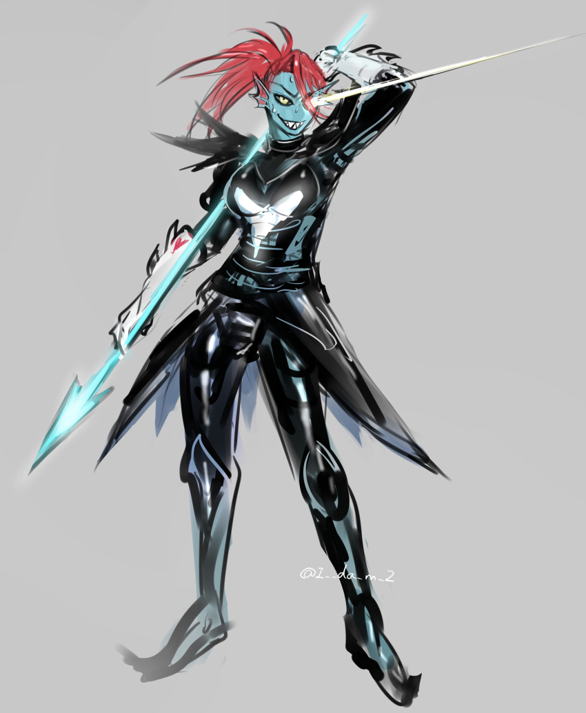 1girl, 2022, 2d, aida_mei, alternate_form, anthro, armor, artist_name, black_eyepatch, black_sclera, blue_skin, breastplate, colored_sclera, digital_media, ear_fins, eyepatch, female, female_only, fins, fish, fish_girl, full_body, gauntlets, genocide_route_(undertale), head_fins, high_ponytail, highres, holding, holding_polearm, holding_spear, holding_weapon, long_hair, monster, monster_girl, polearm, ponytail, red_hair, sharp_teeth, slit_pupils, solo, spear, spiky_hair, standing, twitter_username, undertale, undyne, undyne_the_undying, utdr_(toby_fox), weapon, white_pupils, yellow_teeth