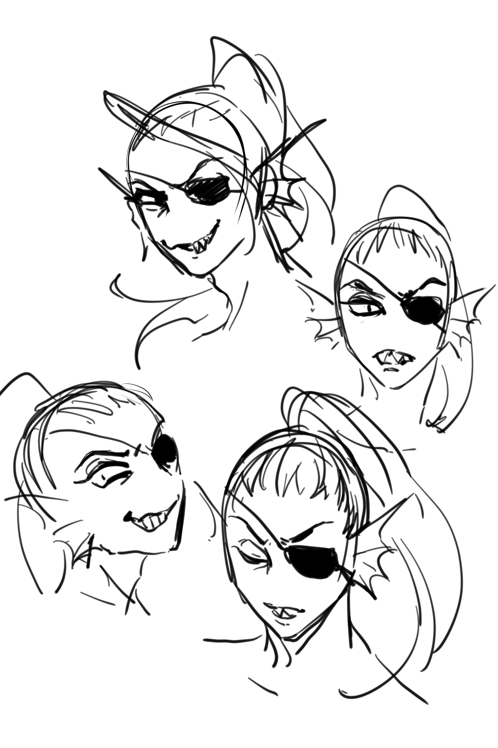1girl, 2022, 2d, aida_mei, anthro, black_eyepatch, cropped_head, digital_media, ear_fins, eyepatch, female, female_only, fins, fish, fish_girl, head_fins, high_ponytail, long_hair, monster, monster_girl, multiple_views, ponytail, sharp_teeth, simple_background, sketch, slit_pupils, solo, undertale, undyne, utdr_(toby_fox), white_background, yellow_teeth