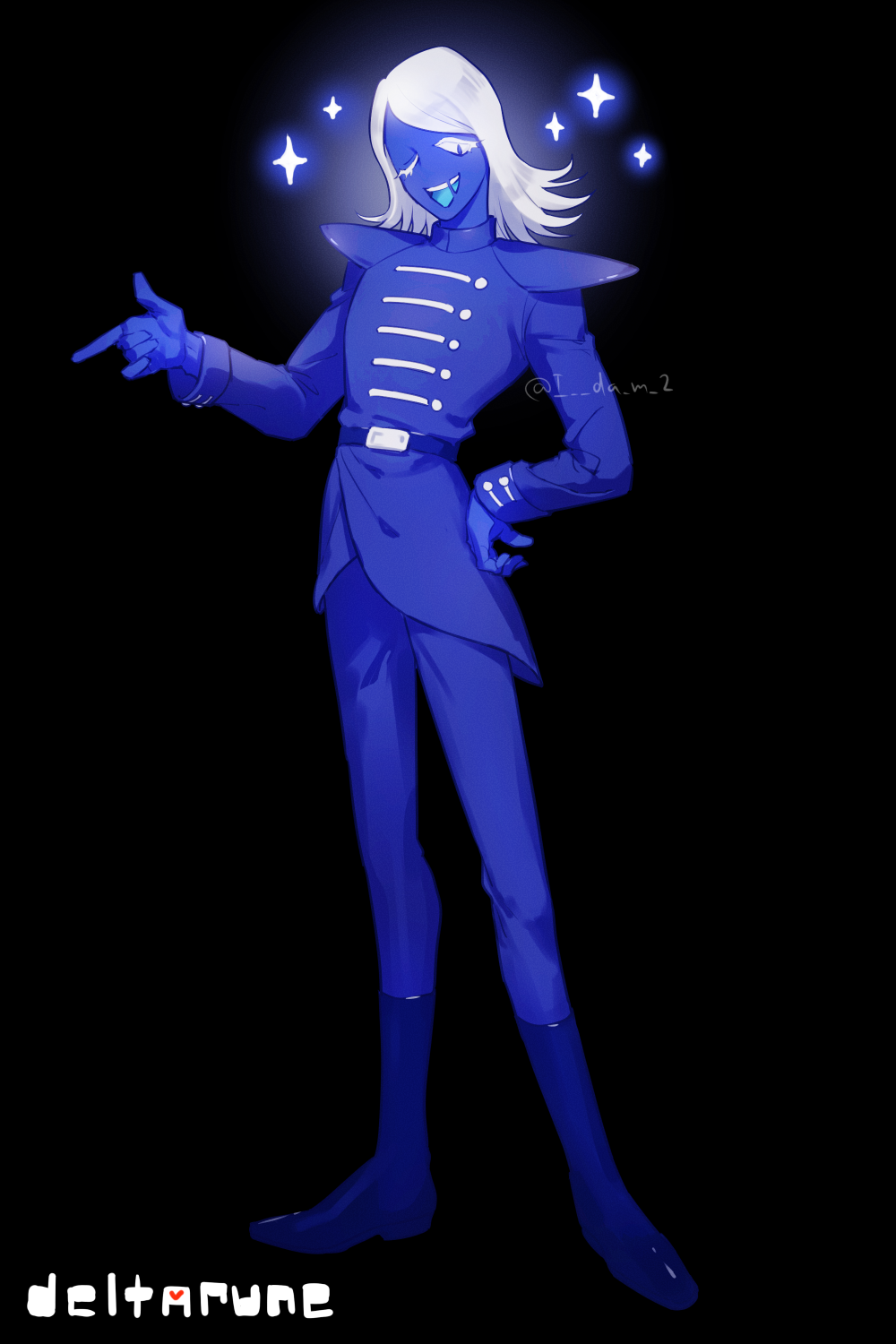 1boy, 2022, 2d, aida_mei, black_background, blue_skin, copyright_name, dark_background
