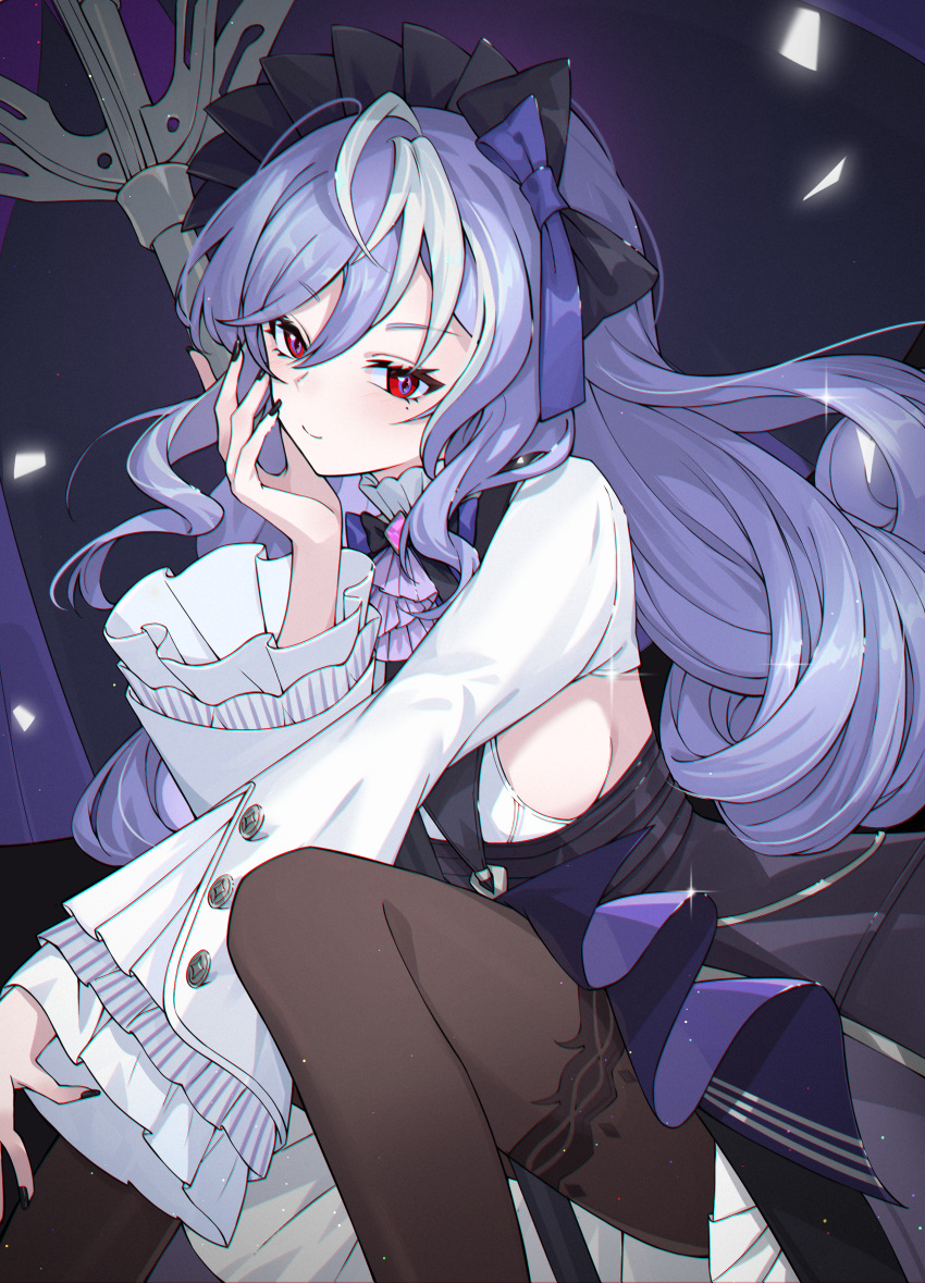 1girl, absurdres, black_nails, breasts, brown_thighhighs, frilled_sleeves, frills, highres