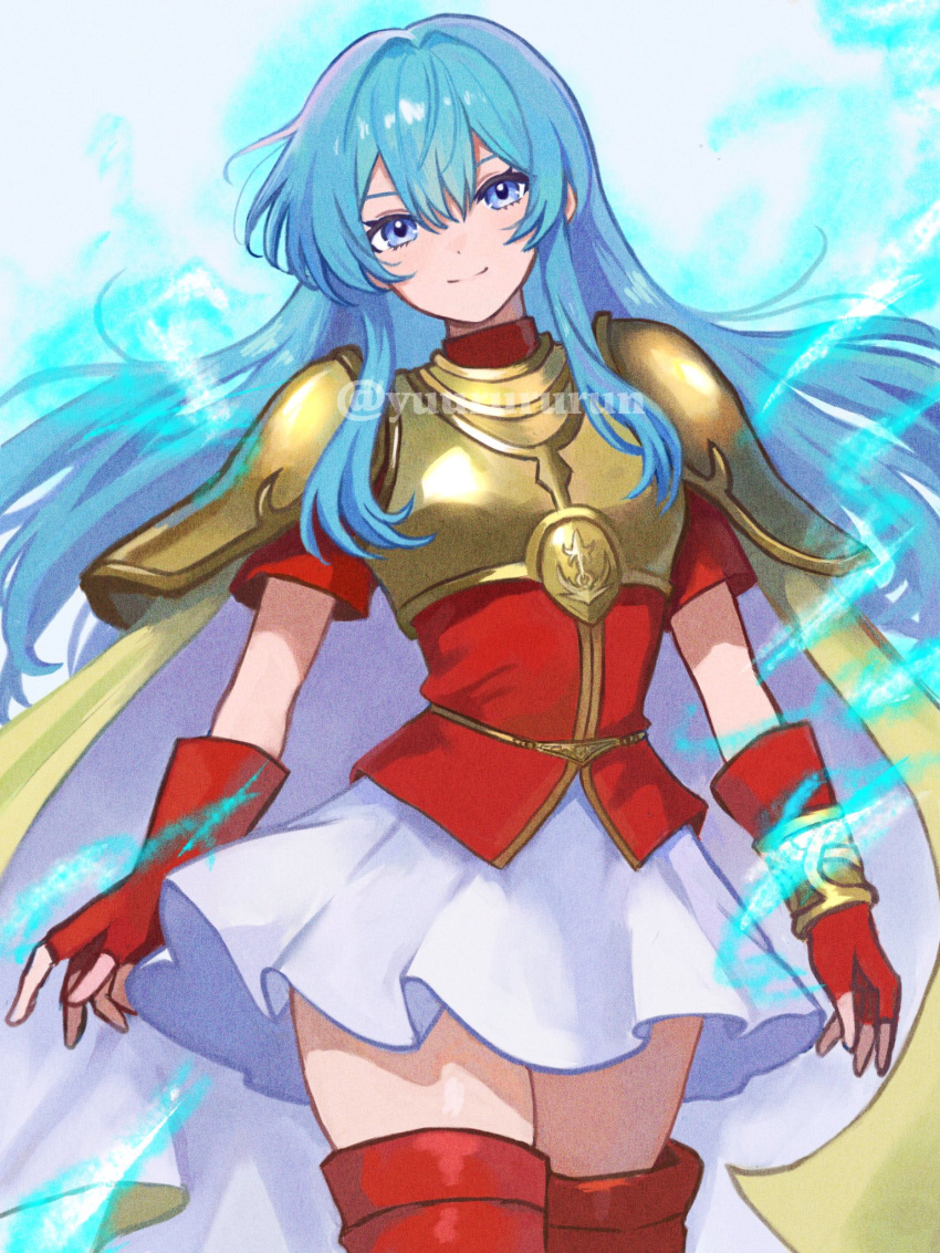 1girl, aqua_hair, armor, artist_name, aura, blue_eyes, boots, breastplate